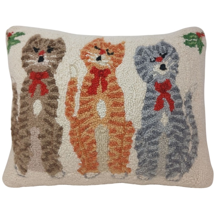 Handmade Wool Hooked Pillow Caroling Cats w/ Festive Accents 17 x14 #D-4