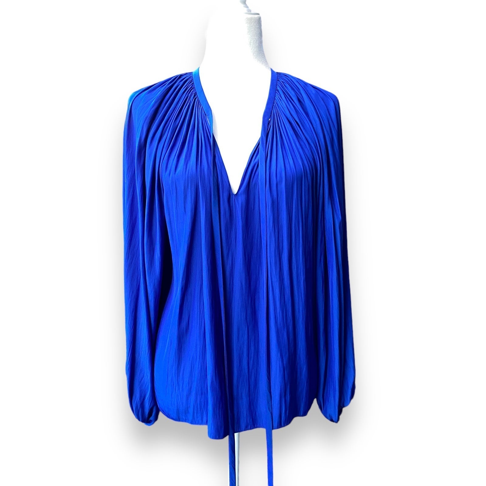 Ramy Brook Paris Blouse Sz XS/S Cobalt Blue Long Balloon Sleeve Tie V Neck NEW