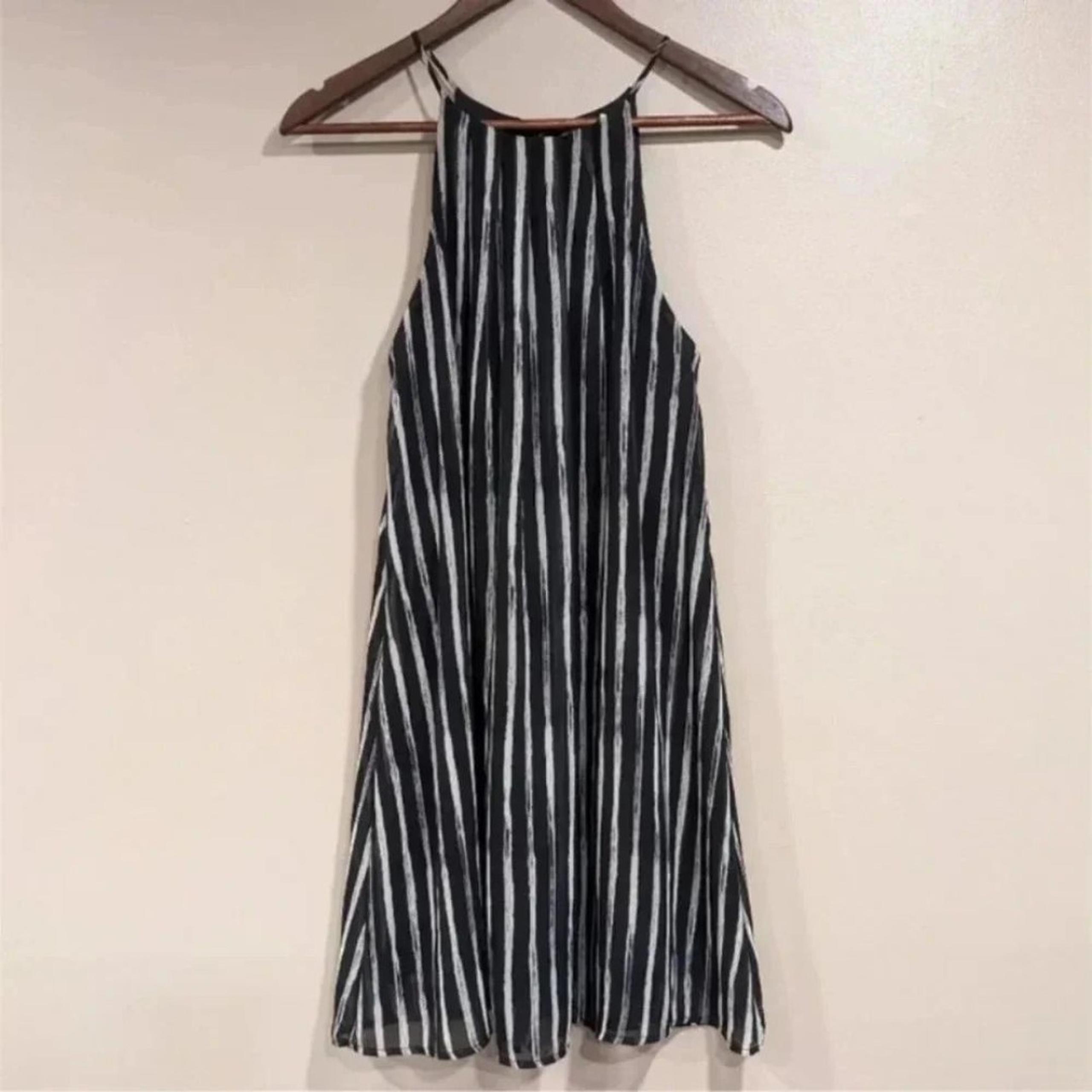 Lush High Neck Spaghetti Strap Flowy Striped Dress, Black and White, Size Small High Neck Spaghetti Strap Flowy Striped Dress, Black and White, Size Small - Lush