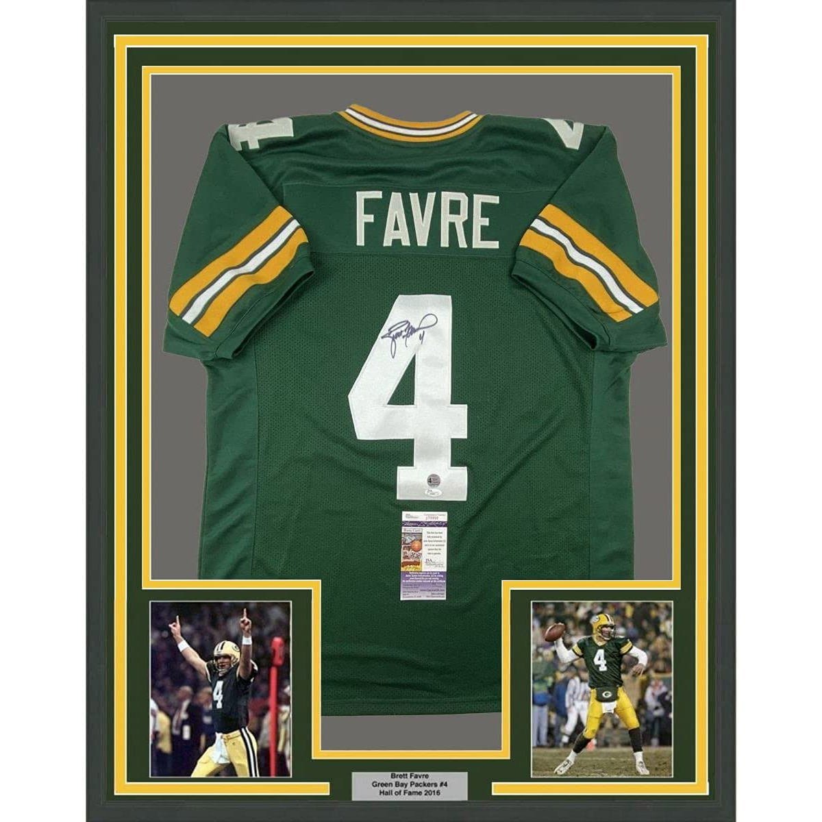 Framed Autographed/Signed Brett Favre 35x39 Green Bay Green Jersey JSA COA