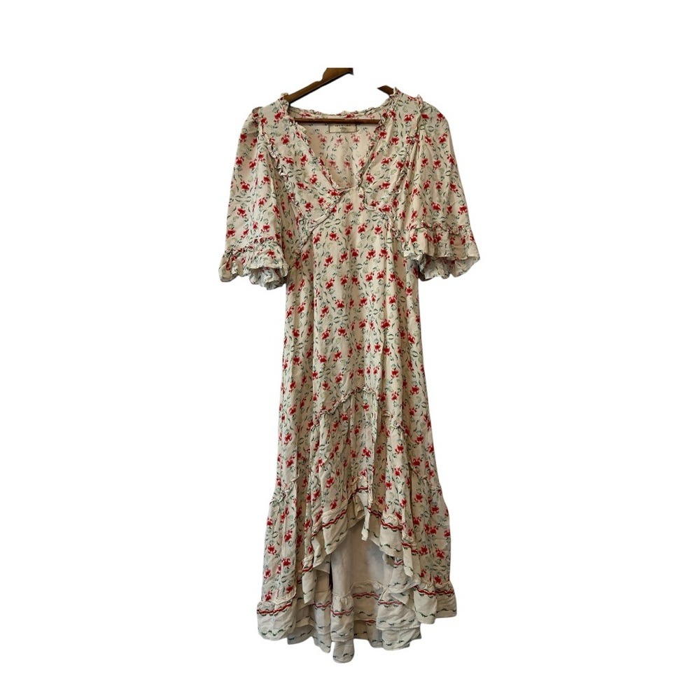 Floral Midi Dress Ruffle Tiered Prairie Boho Cottagecore Peasant Size Small Red