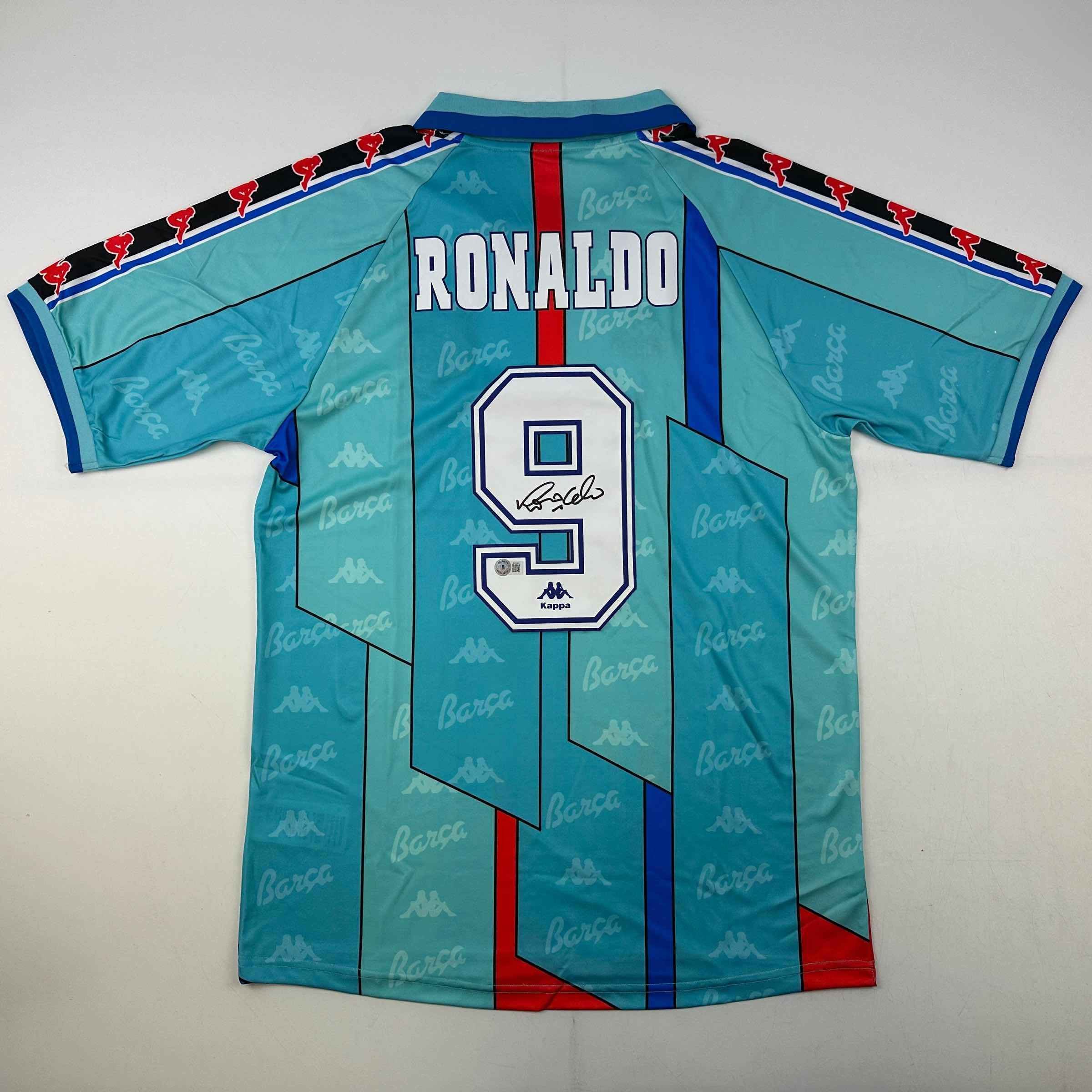 Autographed/Signed Ronaldo Nazario FC Baelona 1996-97 Teal Soccer Jersey Becket