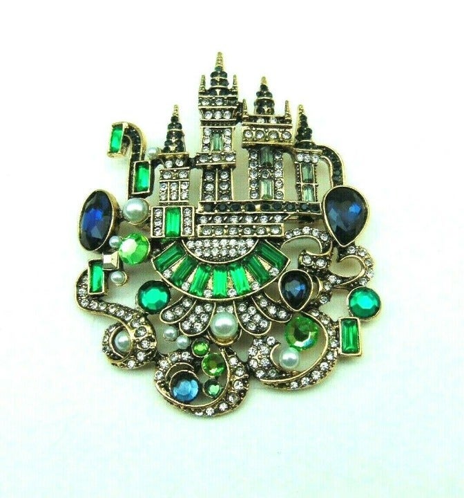 Castle Pin Princess Knight Fairy Tale Necklace Brooch Rhinestone Crystal Green