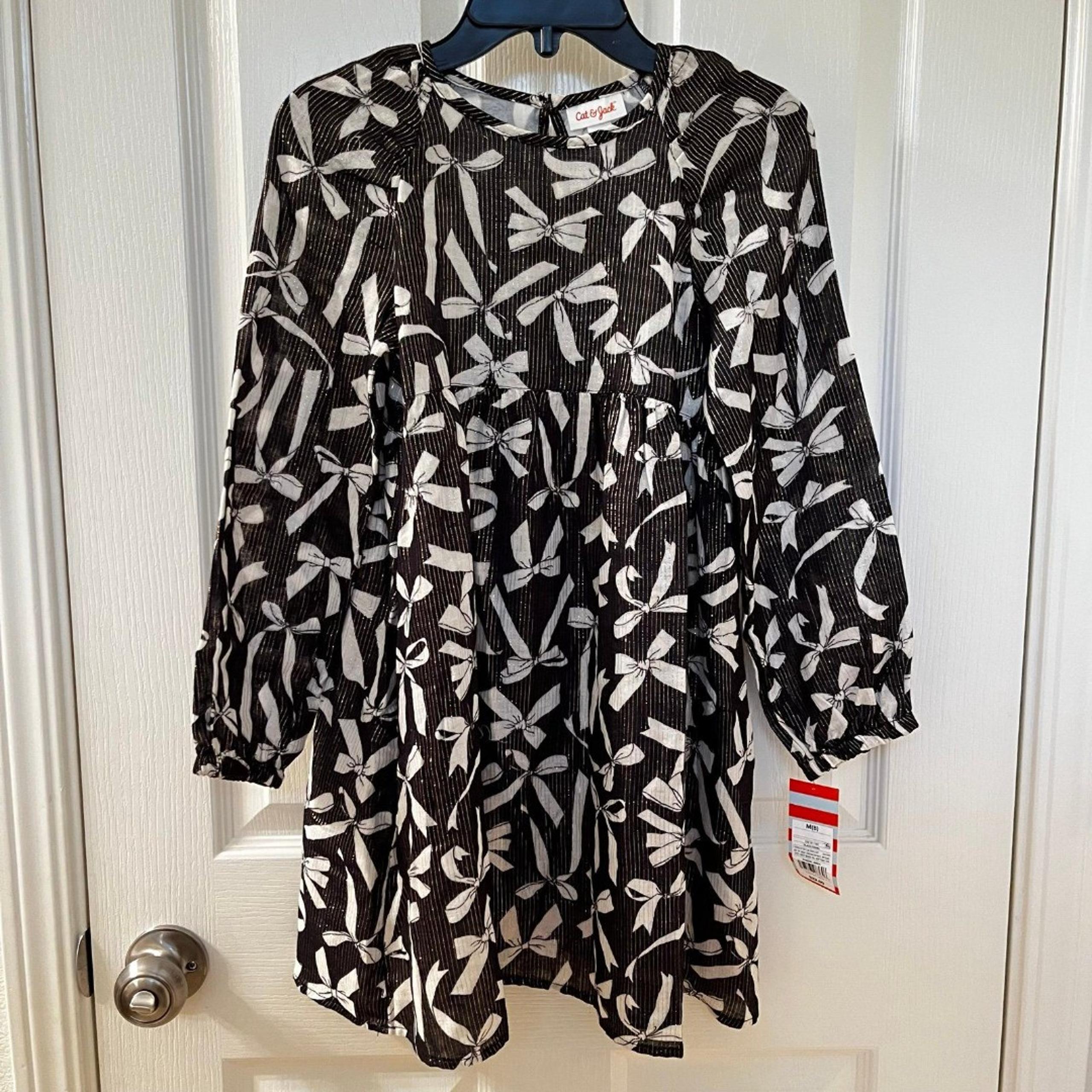 Cat & Jack Long Sleeve Black Gold Bow Print Dress Girls Size Medium 8 NWT