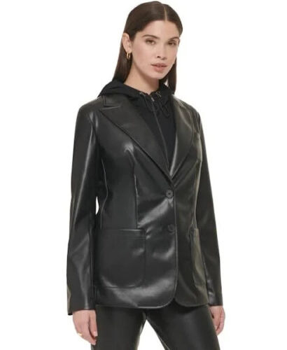 CALVIN KLEIN 2-PCS FAUX LEATHER BLACK JACKET & REMOVABLE HOODED VEST SIZE 8-159