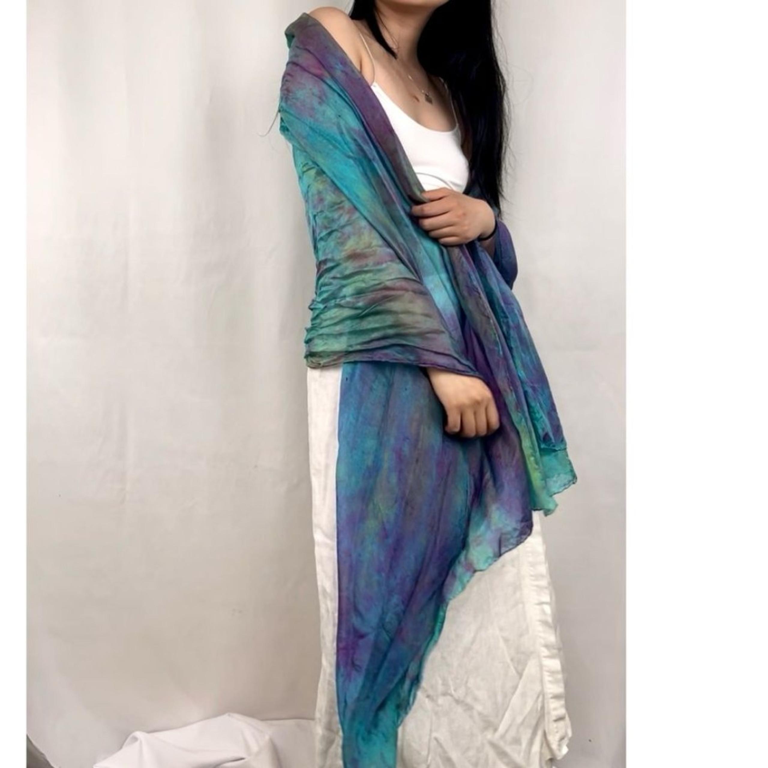 Vintage Silk Purple and Green Tie Dye Large Shawl Wrap Scarf