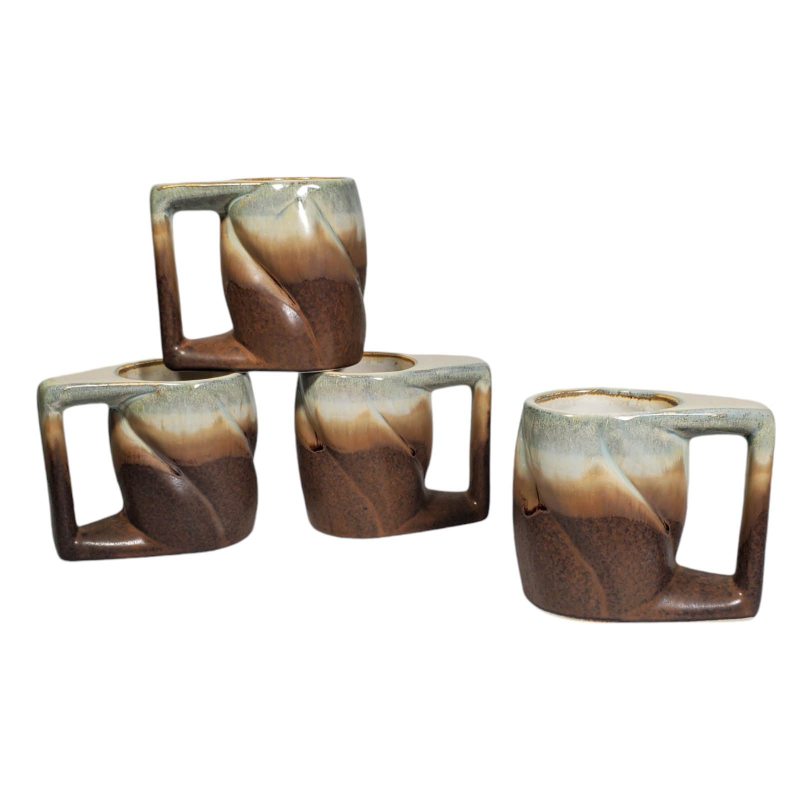 4/Set C&C Mexico Stoneware Pottery Mug 12oz Twist Speckle Drip-Glaze Brown Seafo