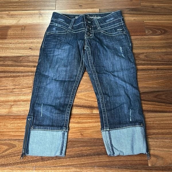 Harley Davidson capri cuffed jeans zipper bottoms light distressed biker jeans