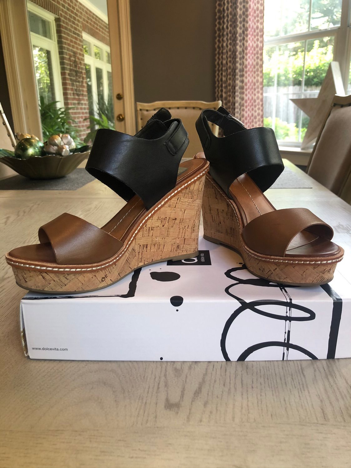 DOLCE VITA BLACK/COGNAC LEATHER WEDGES