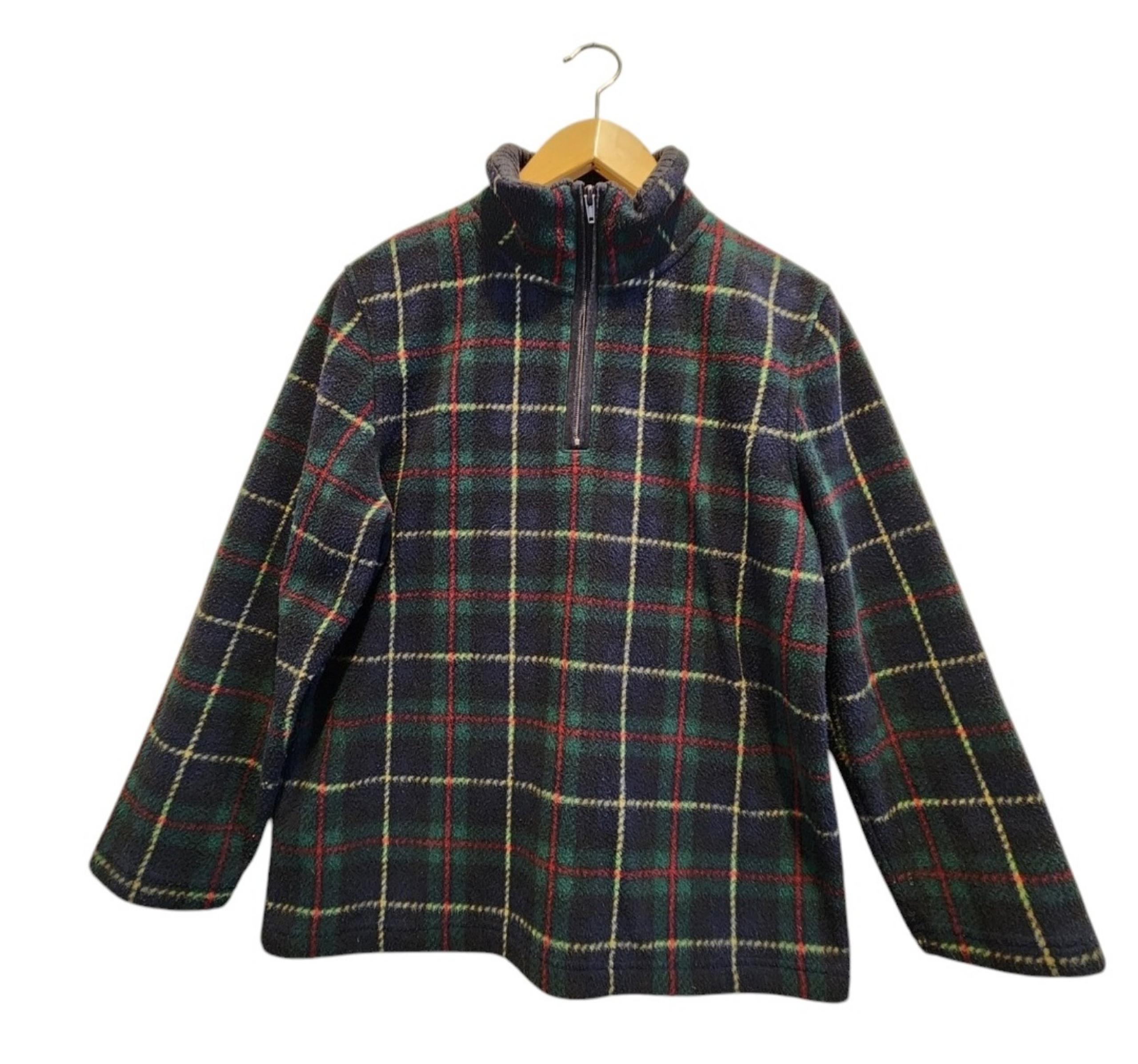Vintage Talbots Green Tartan Plaid Fleece Pullover Sweater 1/4 Zip Size S Petite
