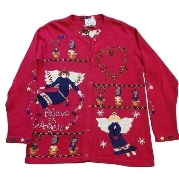 Vintage Quacker Factory Cardigan Sweater Women's Medium Red Angel Christmas