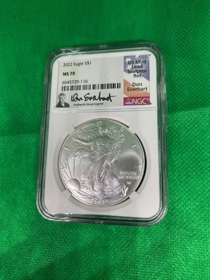 2022 1 AMERICAN SILVER EAGLE NGC MS70 DON EVERHART HAND SIGNED FLAG LABEL