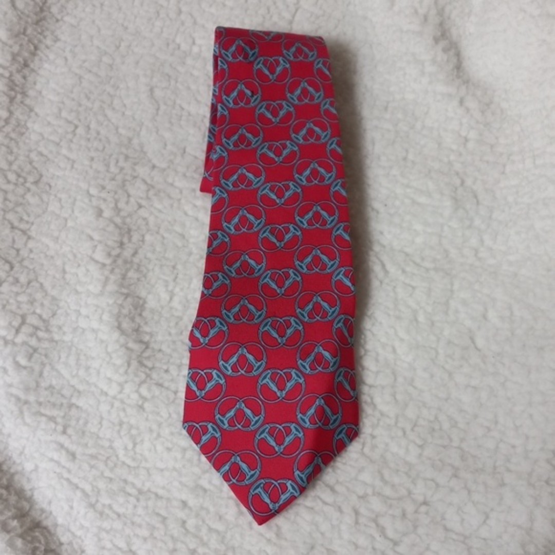 Hermes Horsebit Print Red Blue 100% Silk Tie