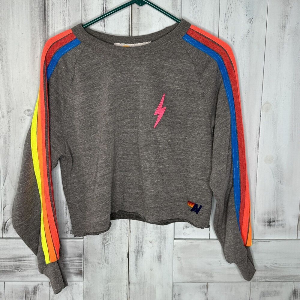 WOMENS AVIATOR NATION GRAY NEON BOLT 5 STRIPE CROPPED SWEATSHIRT SMALL