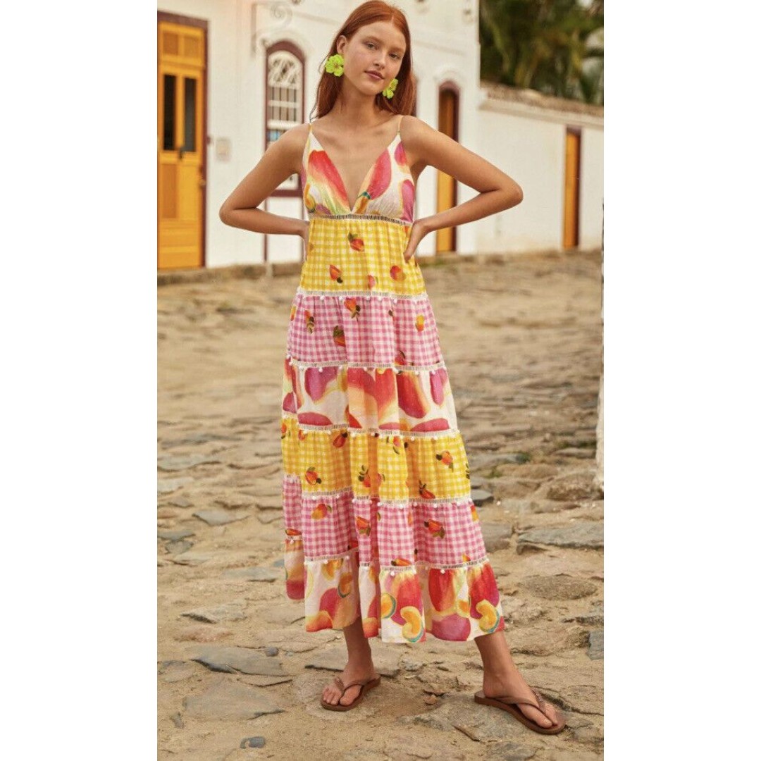 Farm Rio Mixed Picnic Cashew Maxi Dress Size small New with tags