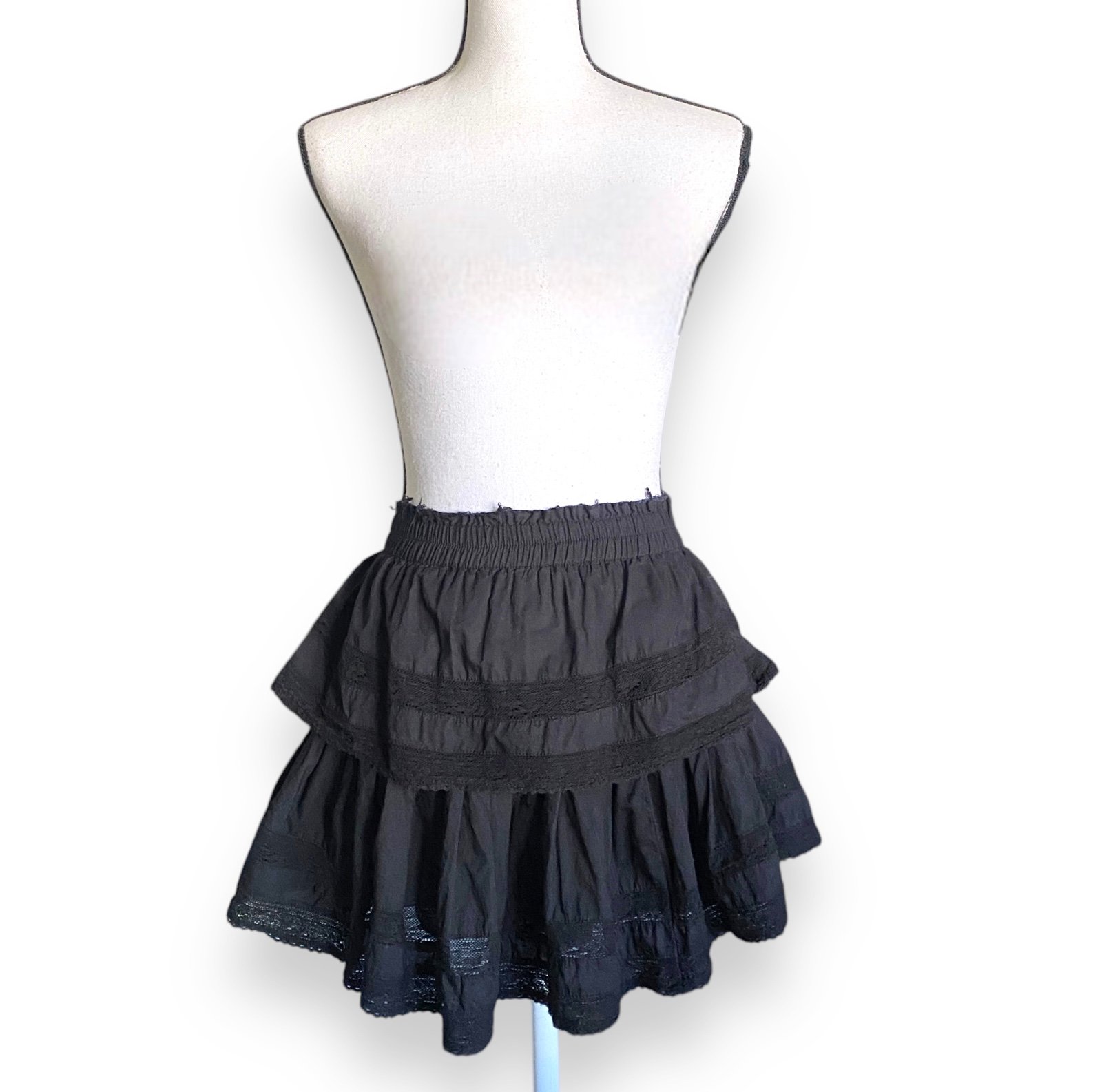 LoveShackFancy Ruffle Mini Heritage Skirt Sz S Black Cotton Lace Trim Pull On