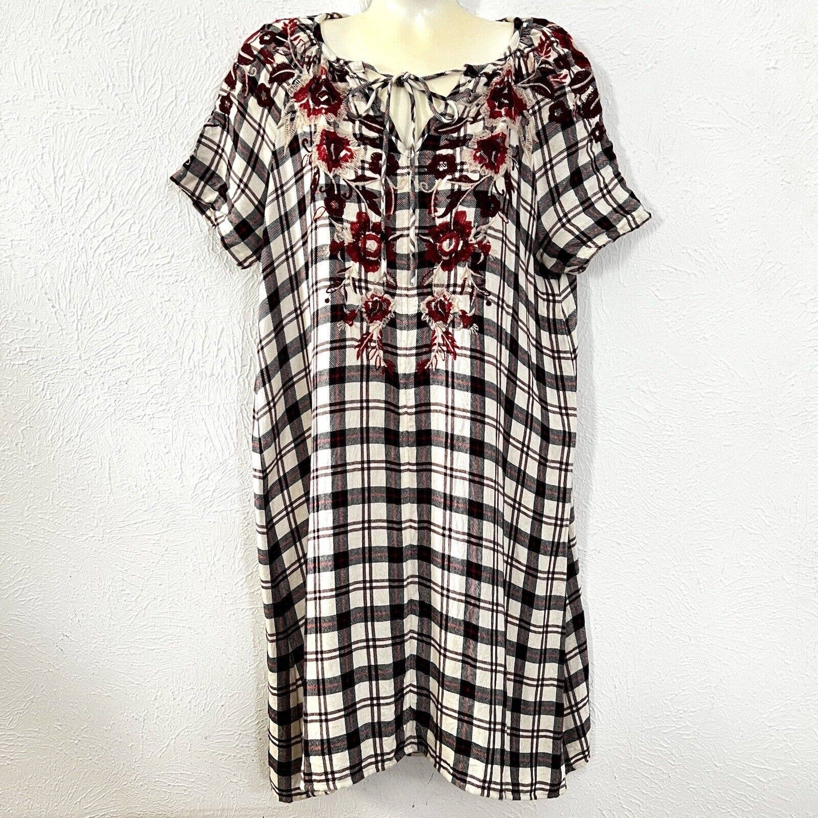 Johnny Was 3J Workshop Red Plaid Floral Embroidered Short Sleeve Tie Dress S