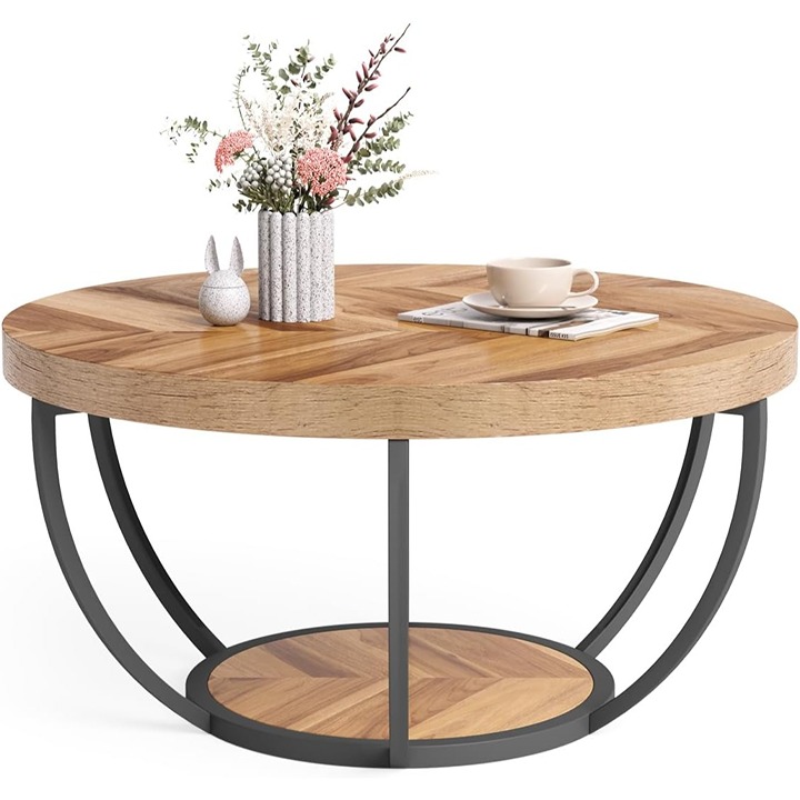 Round Coffee Table, 32 Circle Table for Living Room, 2-Tier