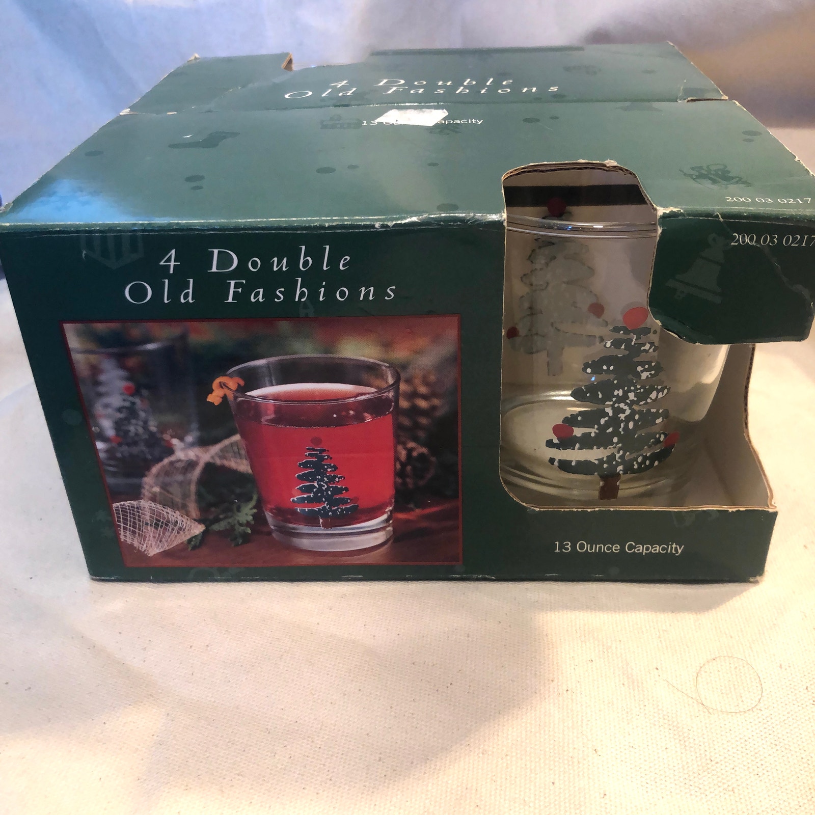Furio Vintage NEW Spongeware Xmas Tree 13oz Double Old Fashions Glasses Set of 4