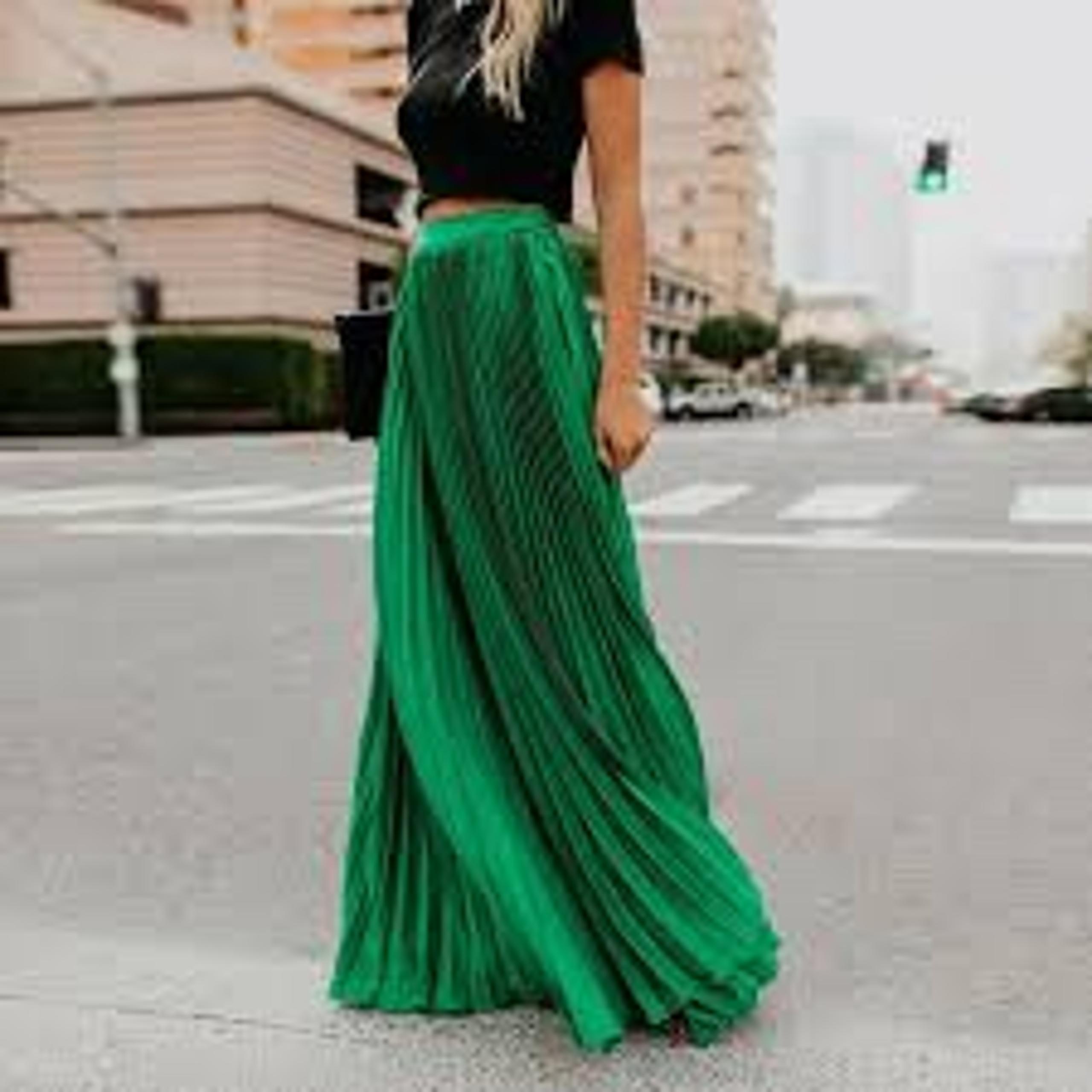 High Waist Green Pleated Skirt Long Size XXL