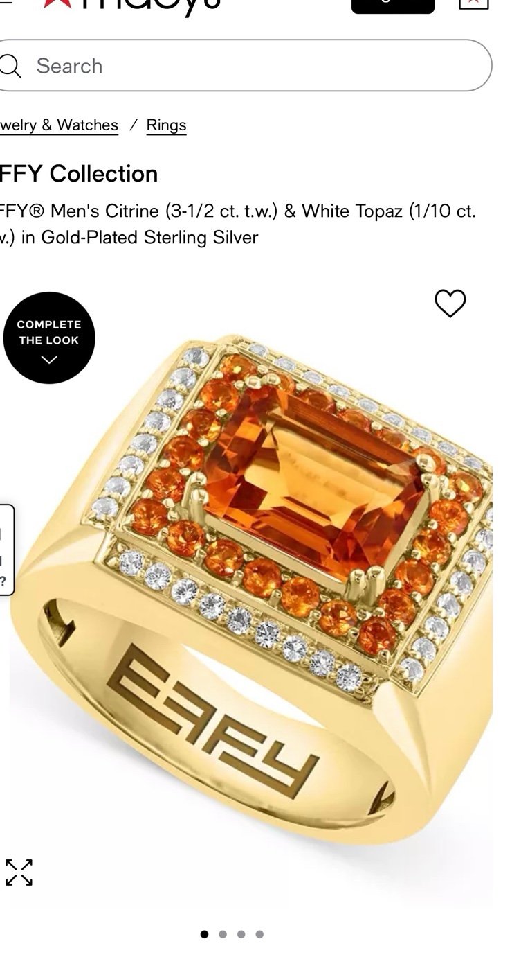 Men's citrine & white topaz gold plated sterling silver ring