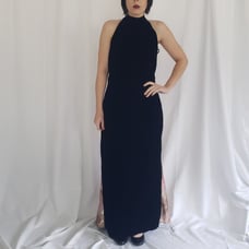 80s/90s Black Velvet Open Back Halter Dress