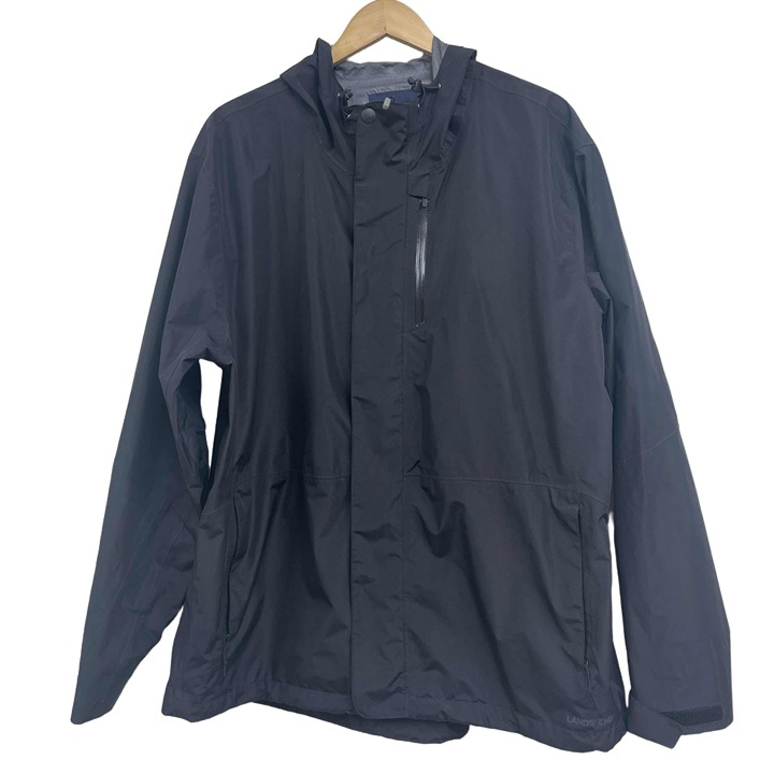 Lands End Black Raincoat Hooded XXL Zippered Packable Vented Unisex