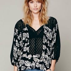 Free People Moon River Black/White Embroidered Floral 3/4 Sleeve Tunic Blouse L
