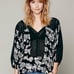 Free People Moon River Black/White Embroidered Floral 3/4 Sleeve Tunic Blouse L