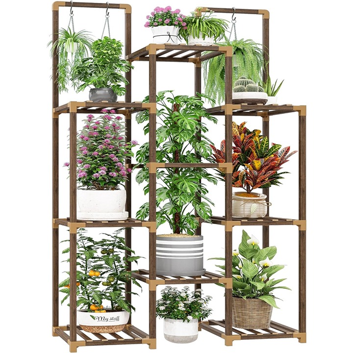 Double Rod Tiered Plant Stand Indoor Wood Plant Shelves for Multiple Pla