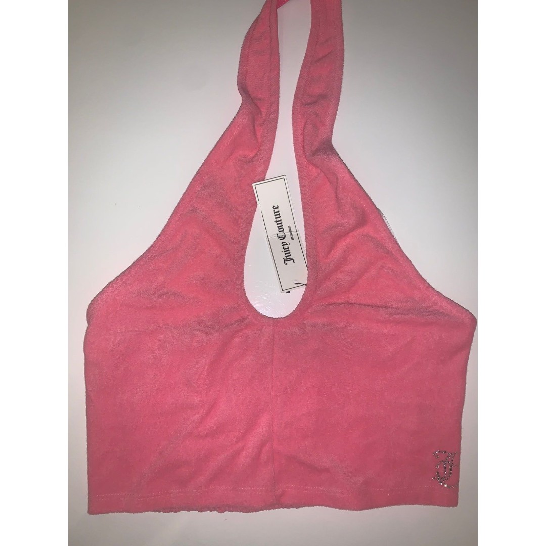 Juicy Couture Halter Cut Off Terry Pink Top Embellished Initials Small