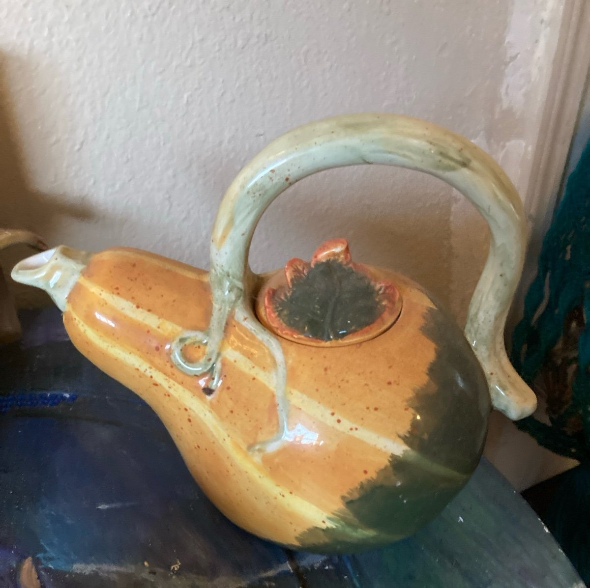 Pumpkin Gourd Shaped Ceramic Teapot Vine Handle Orange Green Unbranded