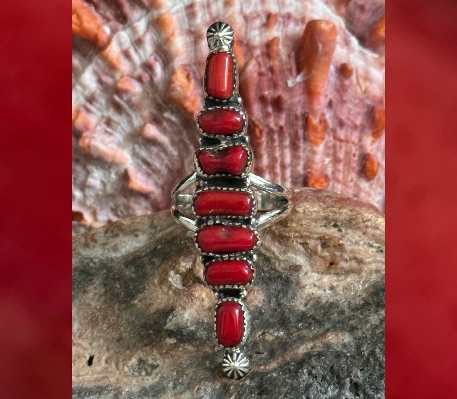 Mediterranean Coral Southwestern statement sterling silver ring