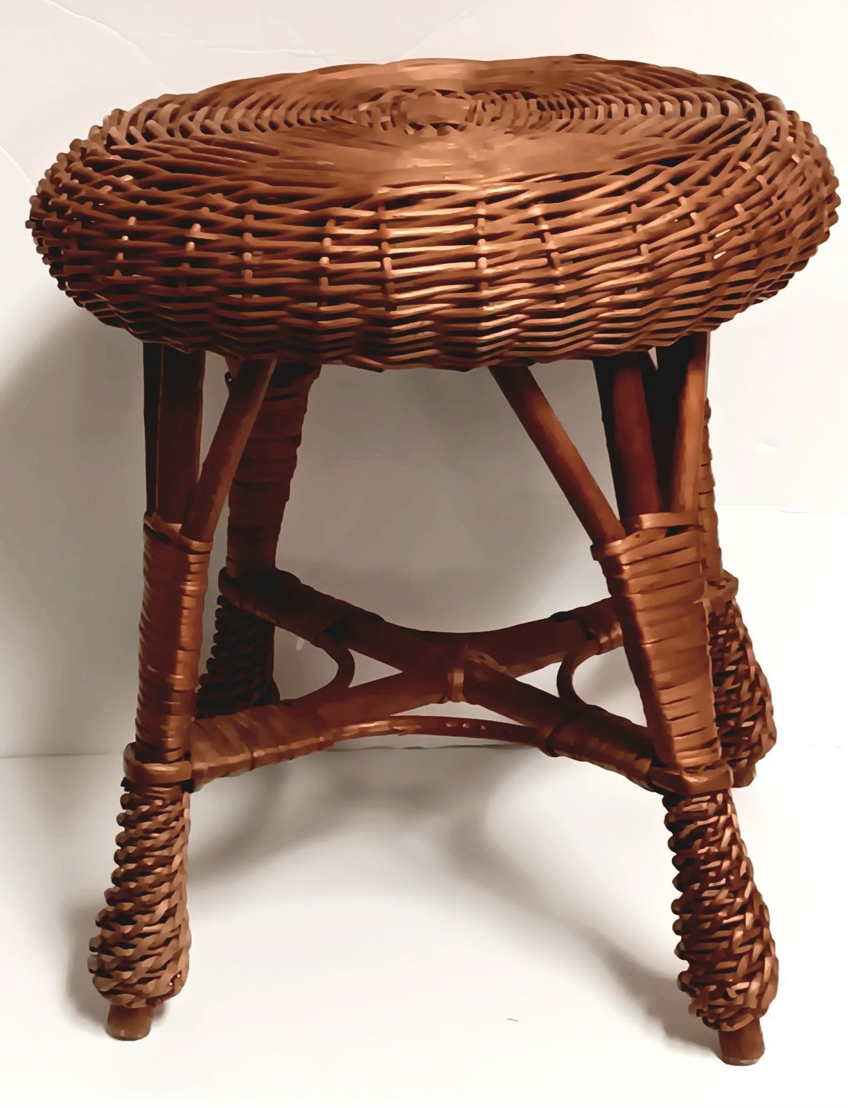 Wicker Rattan Bamboo MCM Vanity Foot Stool Round Seat Plant Stand 13.5H X 12L