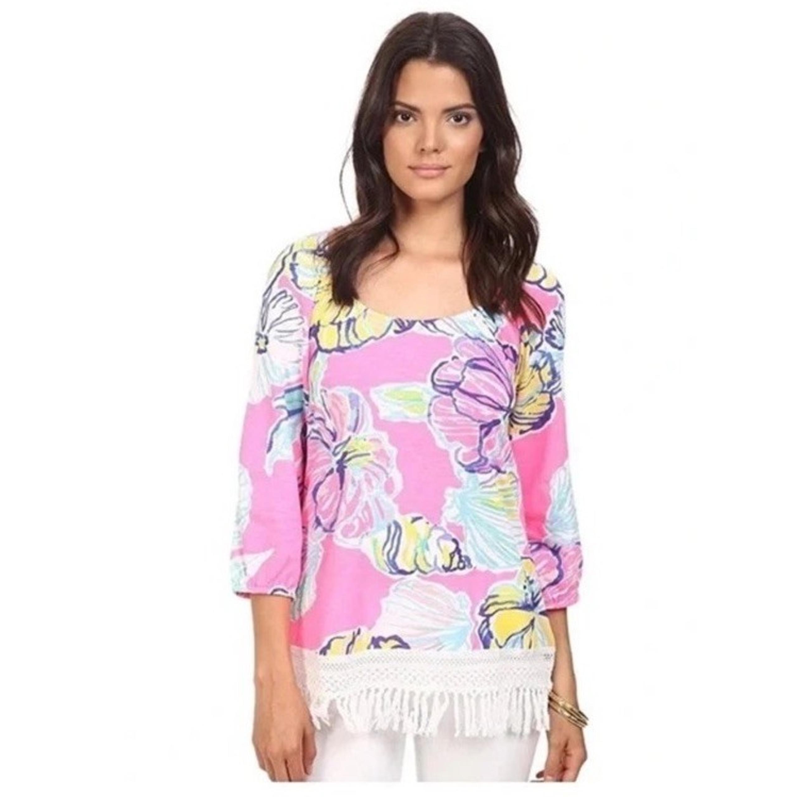 Lilly Pulitzer Alia Scoop Neck Fringe Tunic Top Pink Floral Size XS 100% Cotton