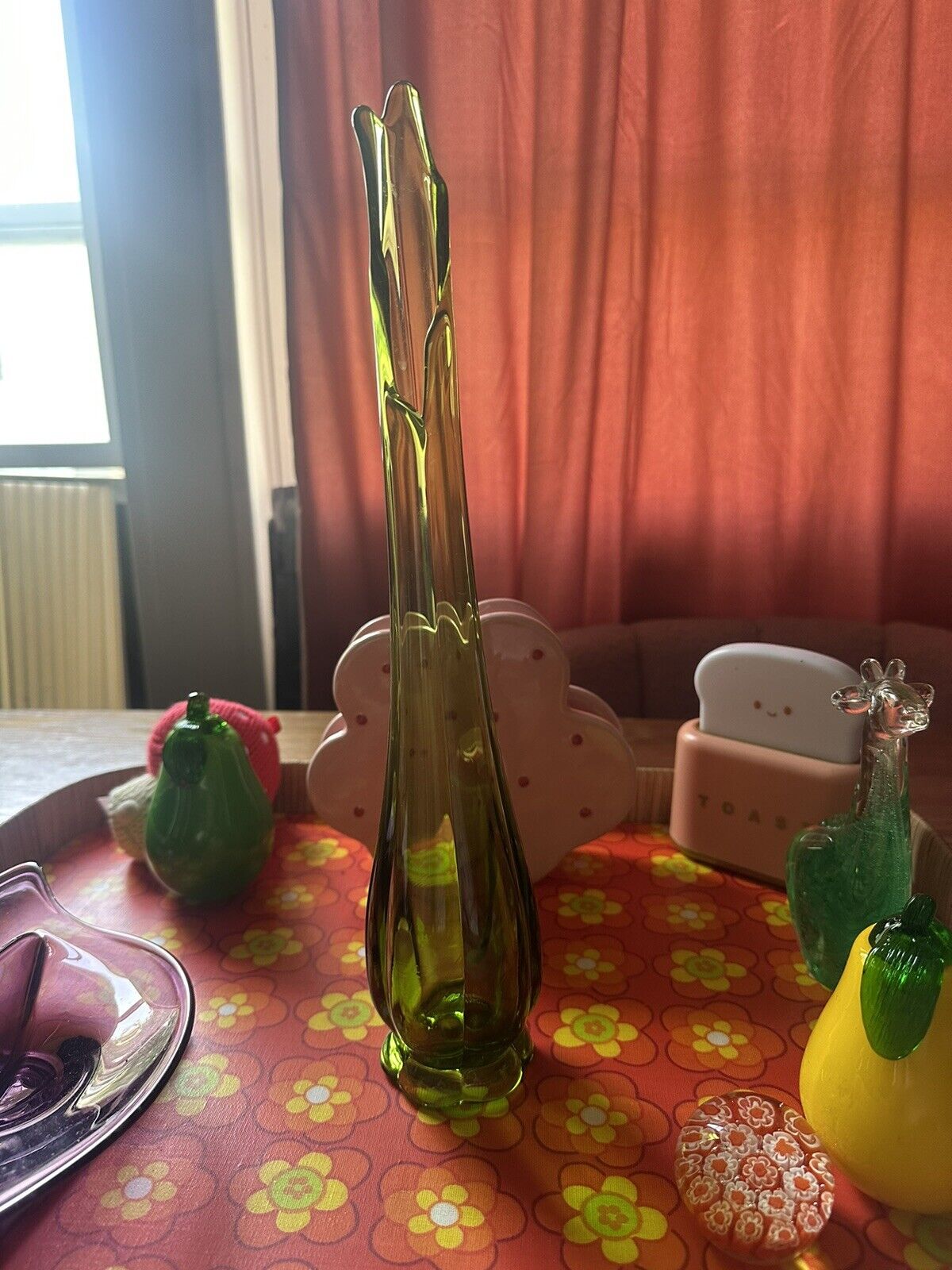 Vintage MCM Glass Avocado Green Swung Vase