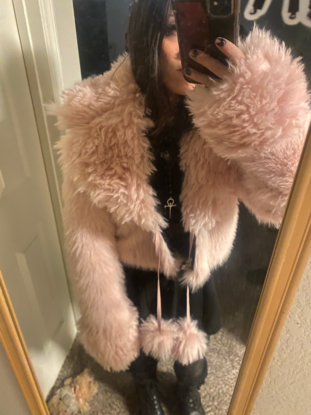 Baby pink furry faux fur jacket coat w/ Pom Poms