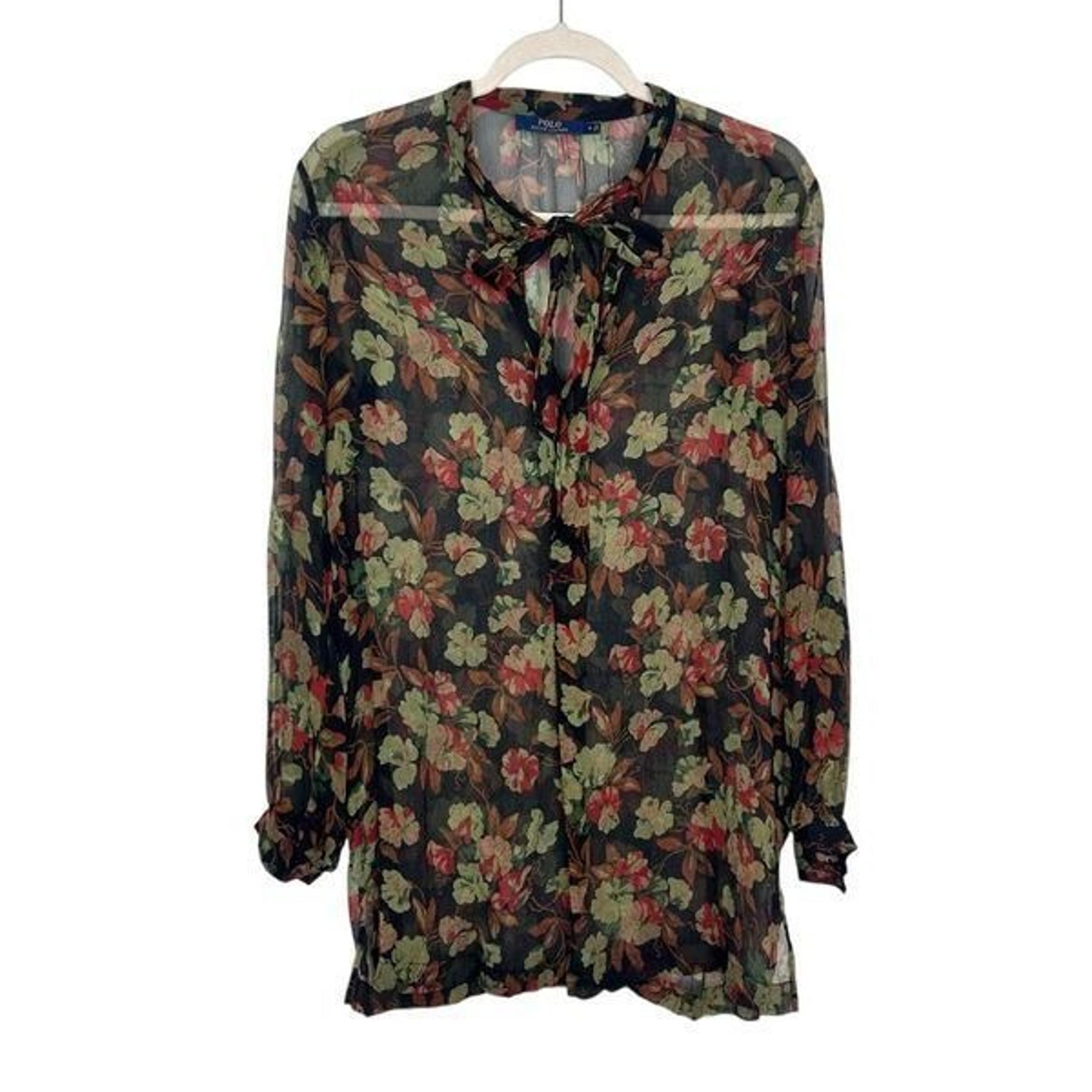 Polo Ralph Lauren Sheer Silk Floral Blouse Black Red Bow Collar Long Sleeve sz 6