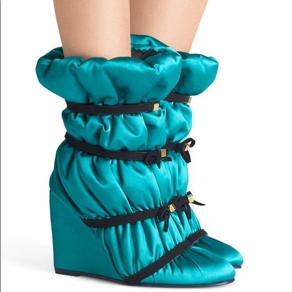 Stuart Weitzman Oceanic Blue Duvet Wedge Satin SILK Booties SIZE 6.5 BNIB