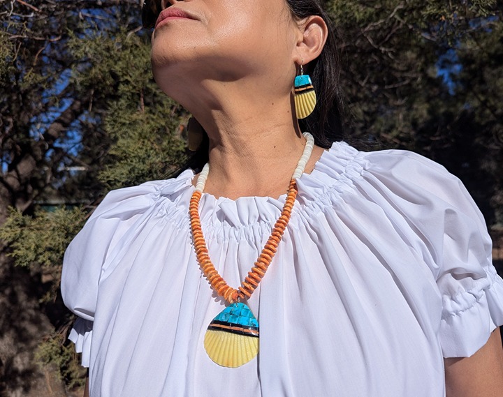 Native American Handmade Tribal Necklace Earrings Set Santo Domingo Kewa Shell *