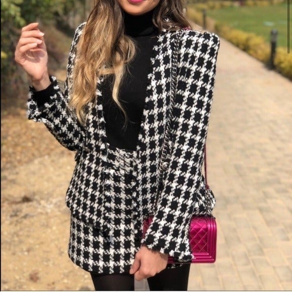Zara TEXTURED TWEETED WEAVE Houndstooth JACKET W/ POCKETS BLACK/WHITE SIZE M NEW