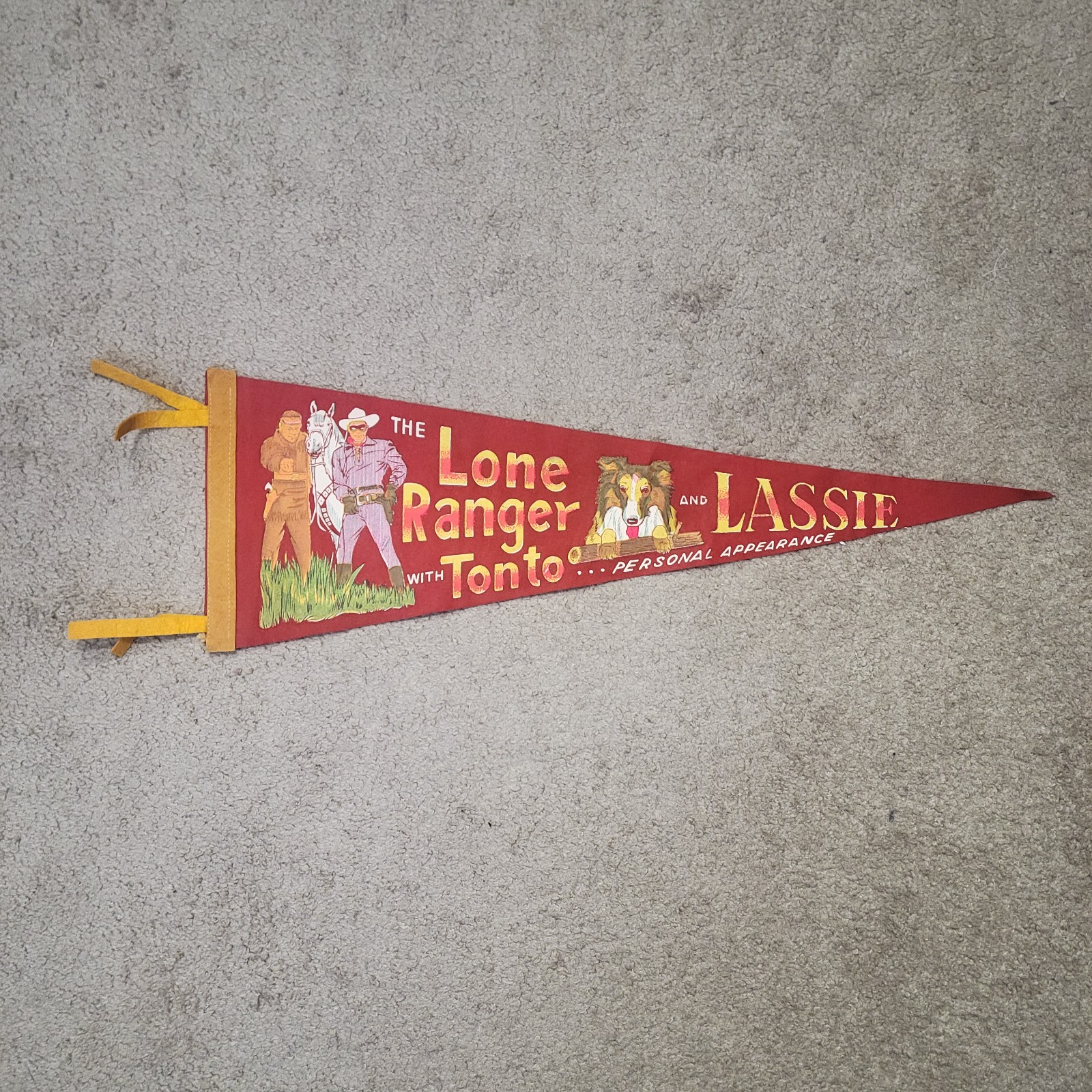 Vintage Lassie Lone Ranger and Tonto Appearance Red Pennant 26in