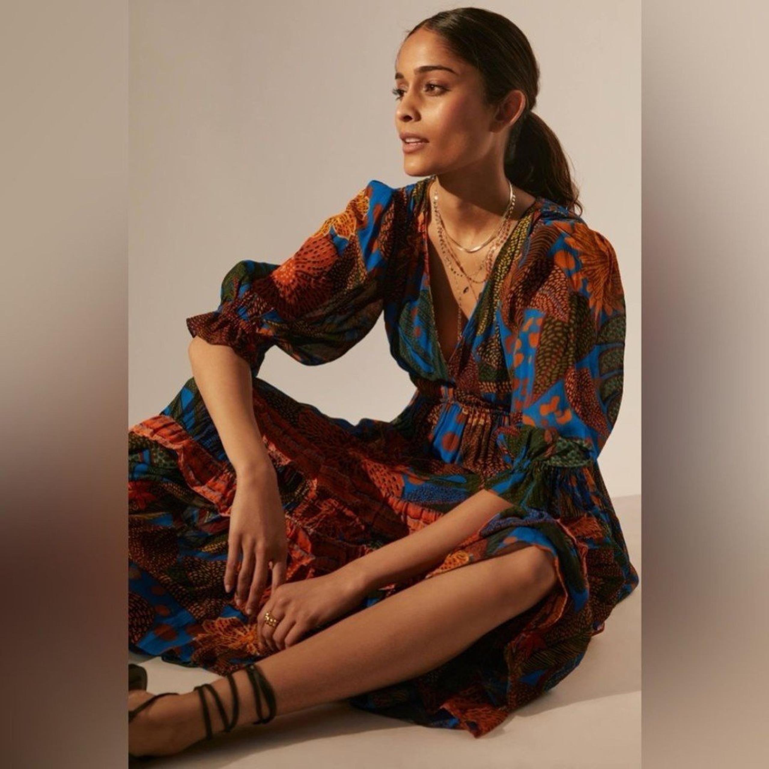 Farm Rio x Anthropologie Puff Sleeve Maxi Dress Women’s XS Colorful v-neck blue