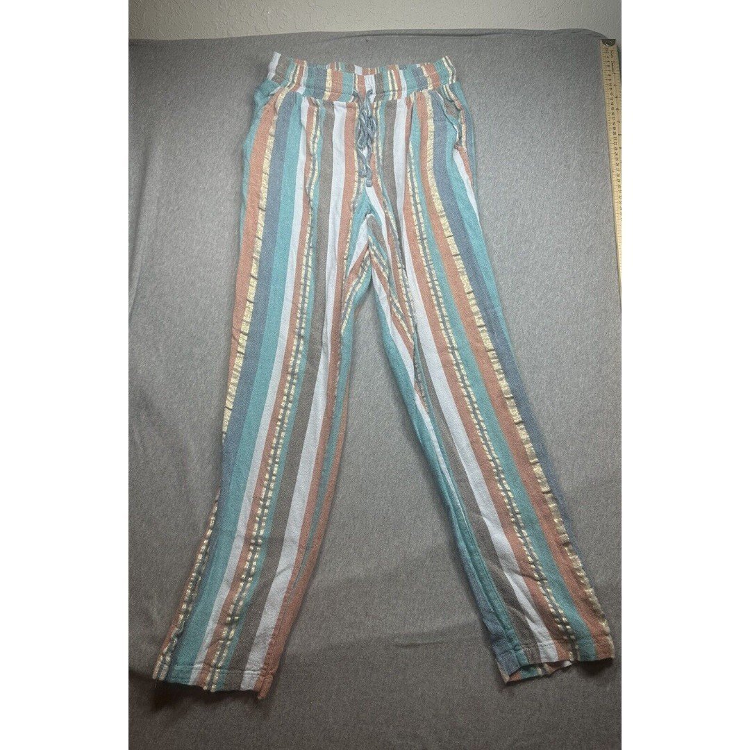Belle France linen Blend beach cover up lounge pants striped gold S