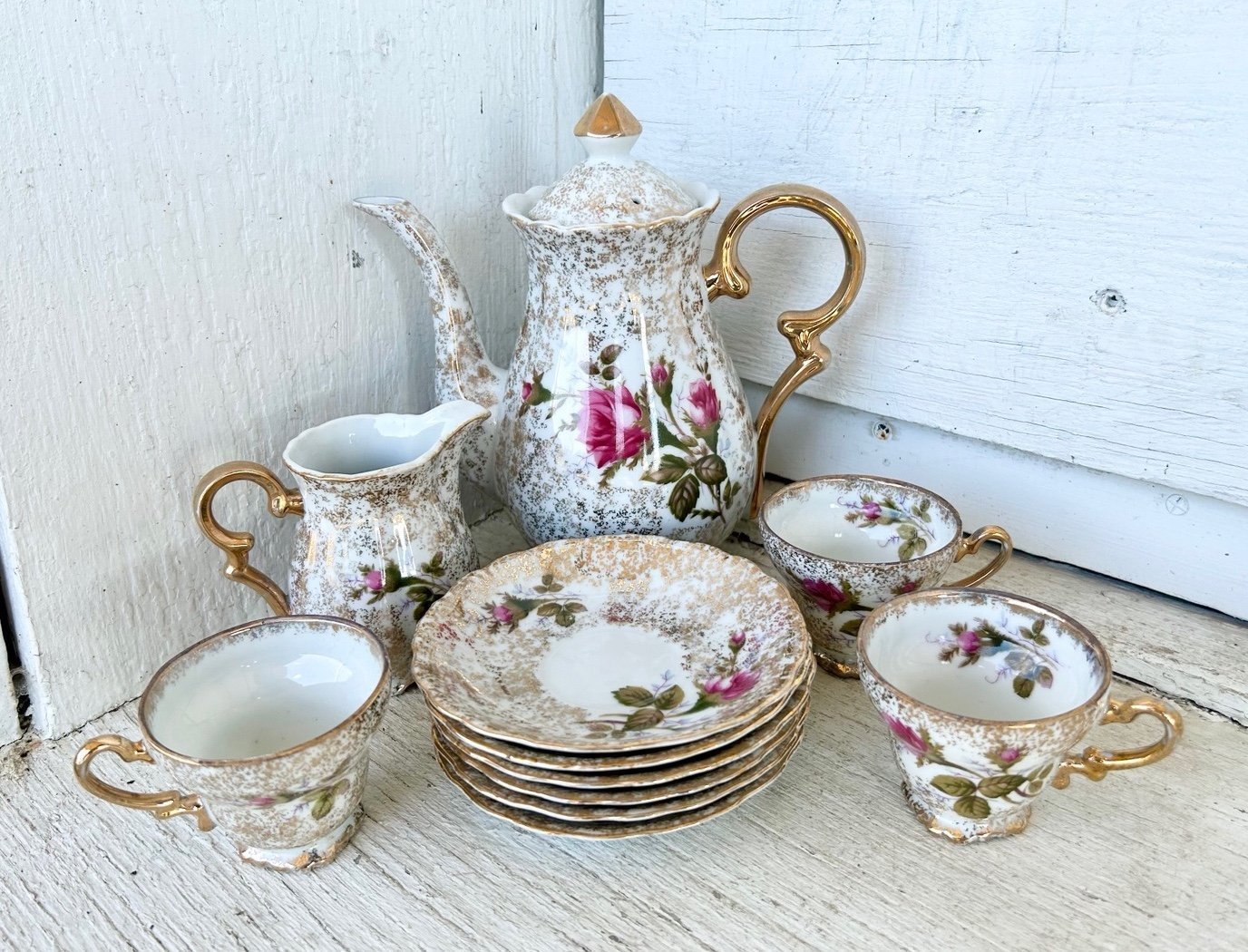 Betson Demitasse Tea Set Lidded Tea Pot, Saucers, Cups, Creamer, Fine China RARE