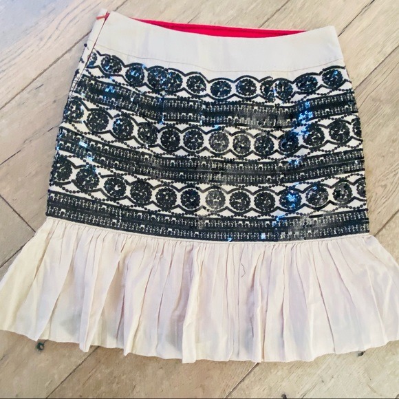 Anthropologie Moulinette Soeurs Sequin tan Black Lined pencil skirt 8 NWOT