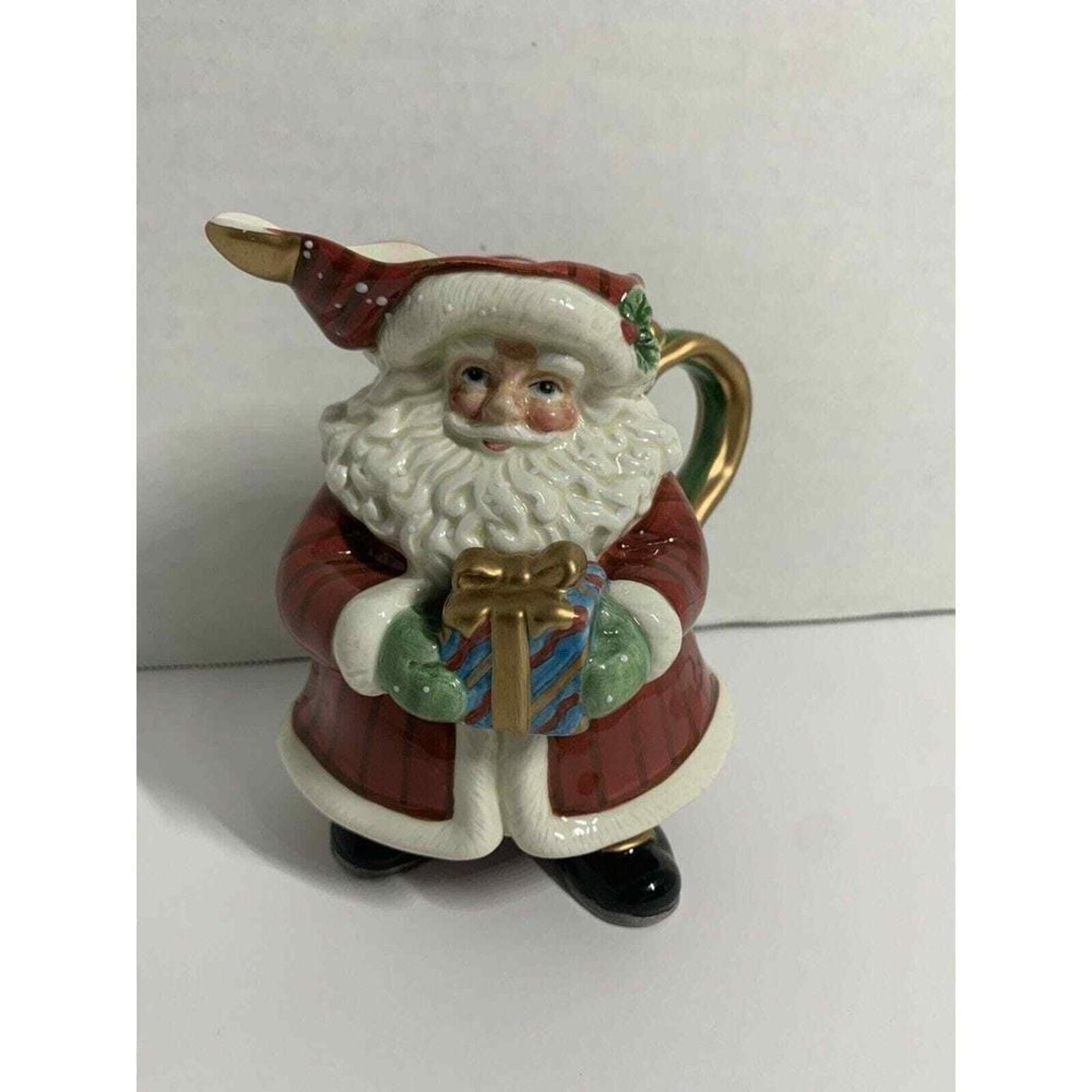 Fitz And Floyd Christmas Santa Creamer 5 inches Holding a Present