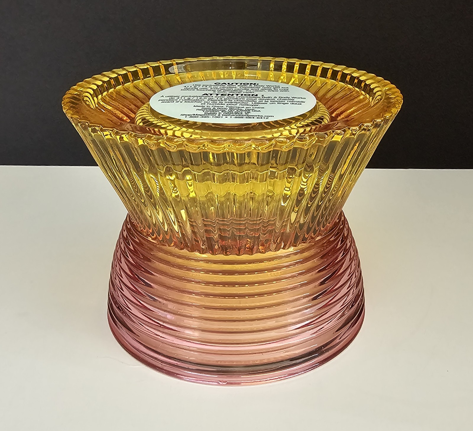 Bath Body & Works Glass 3-Wick Candle Holder Pedestal Stand Pink Yellow