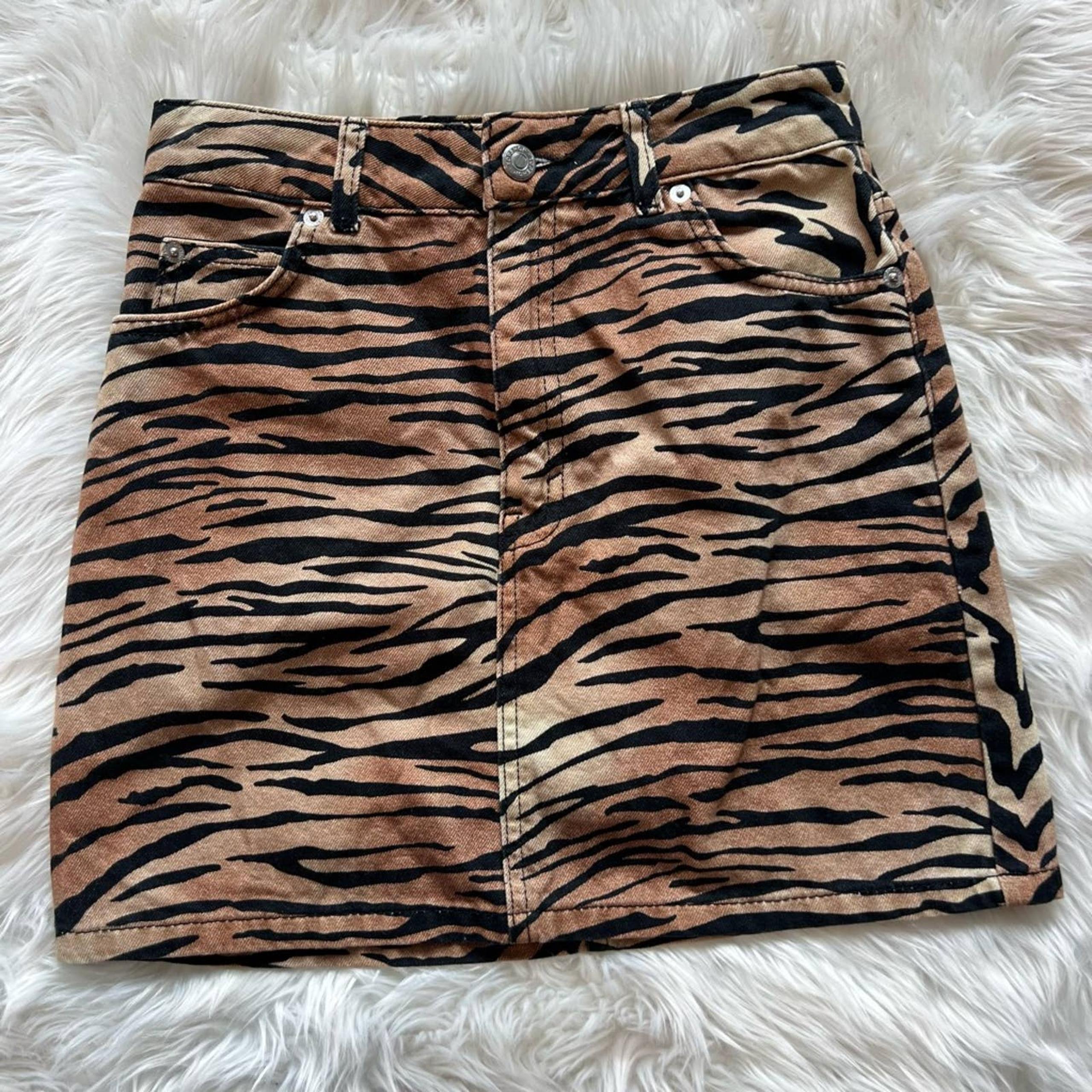 Topshop Womens Straight Mini Skirt Brown Zebra Pockets Twill Zip Party 2