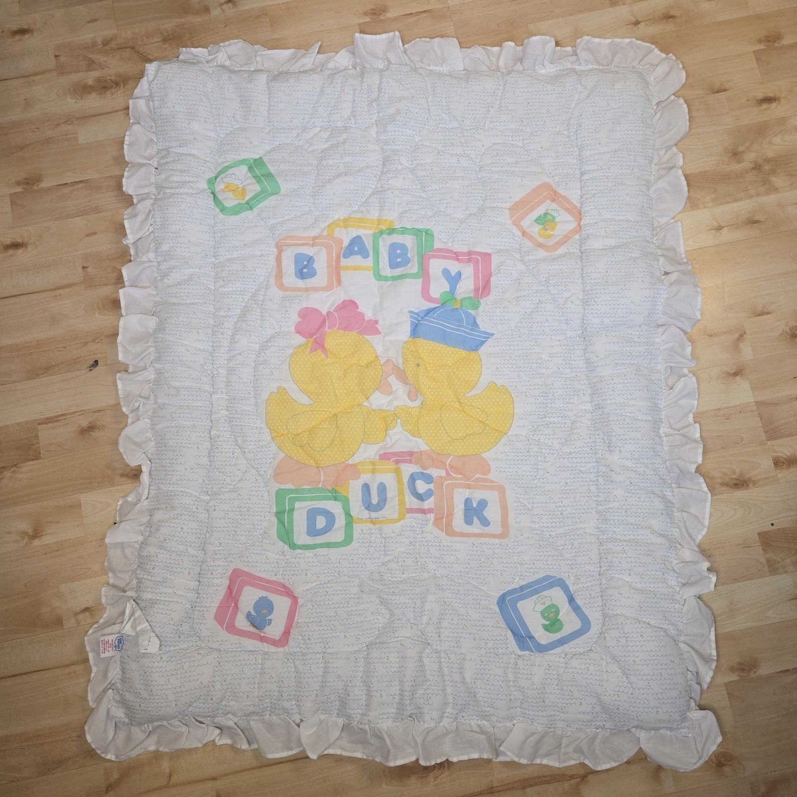 Vintage 1986 Baby Dreams Ruffle Crib Quilt Duck Alphabet USA Made Unisex